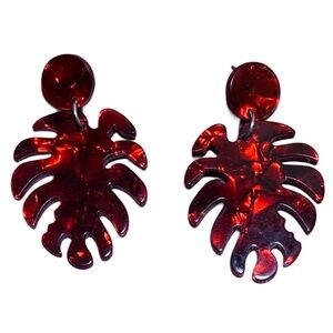 Bold Red Tortoise Shell Leaf Earrings, Acrylic, Lightweight, Dangle, Monstera